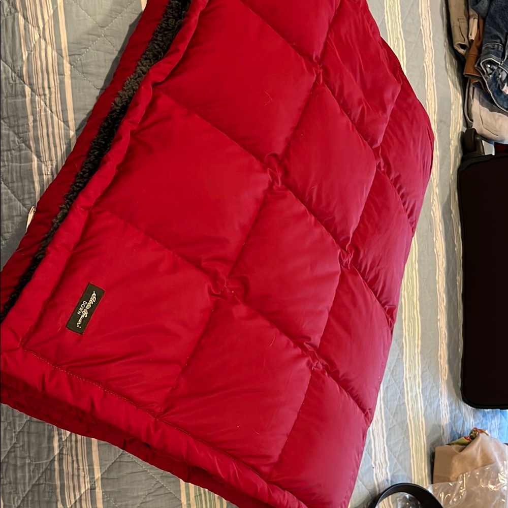 Eddie Bauer Maroon Down-filled Throw Blanket.  Reverses to Sherpa fleece.